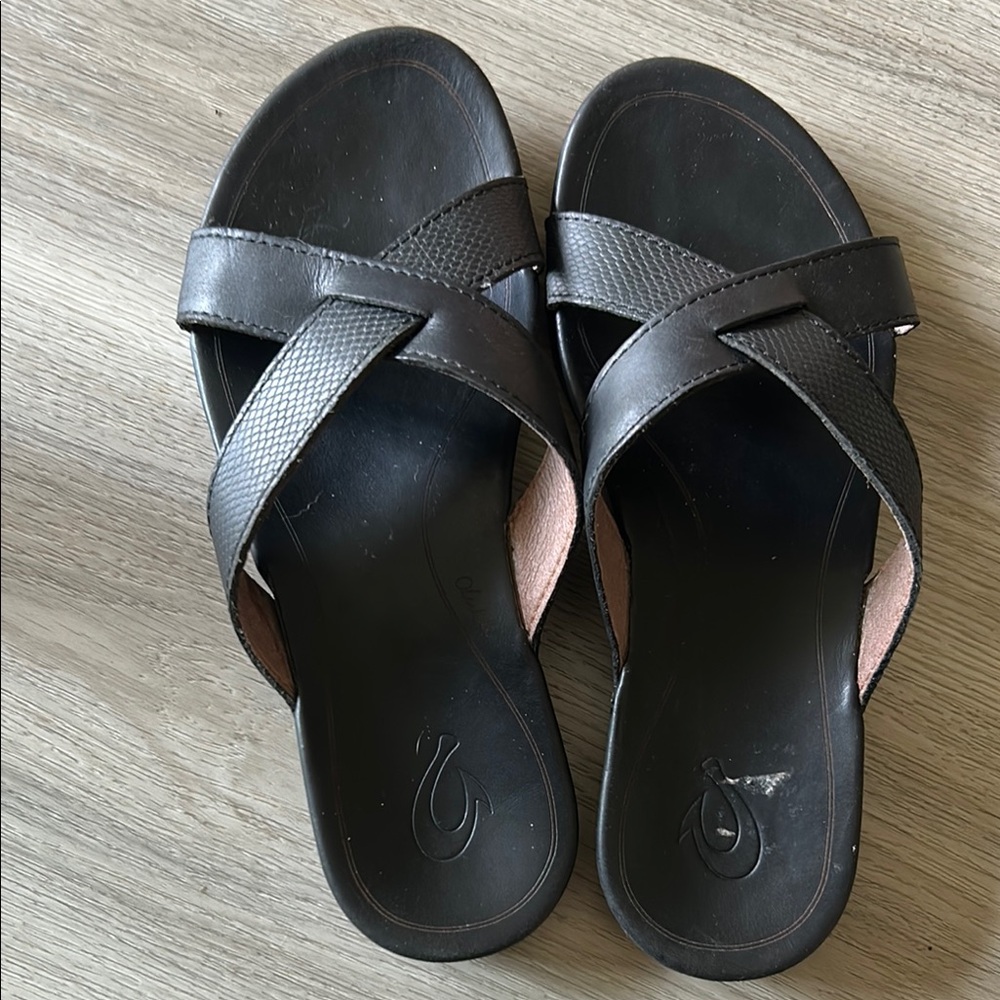 Olukai Women's Black Leather Slide Sandals